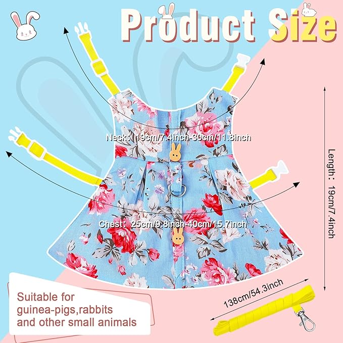 3 Sets Rabbit Bunny Harness and Leash, Cute Easter Bunny Clothes for Rabbits Dress Costume Walking Harness Escape Proof Pet Supply for Hedgehog Ferret Squirrel(Pink Flower, Blue Flower, Daisy)