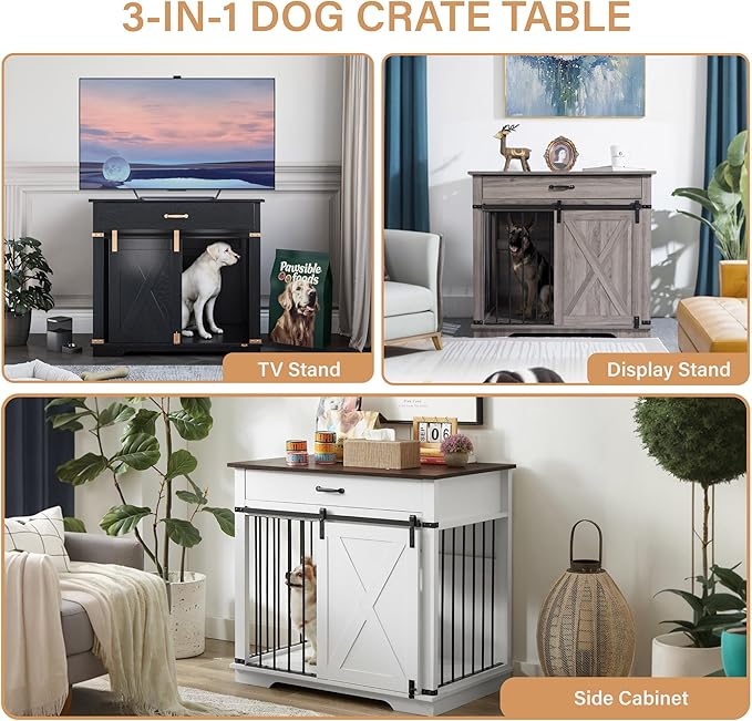 LZUUOB 37.8'' Dog Crate Furniture with Storage Drawer, Decorative Wooden Dog Kennel with Sliding Barn Door, Indoor Water Resistant Cage for Pet, Small, Medium, Large Dog (Black Gold Oak)
