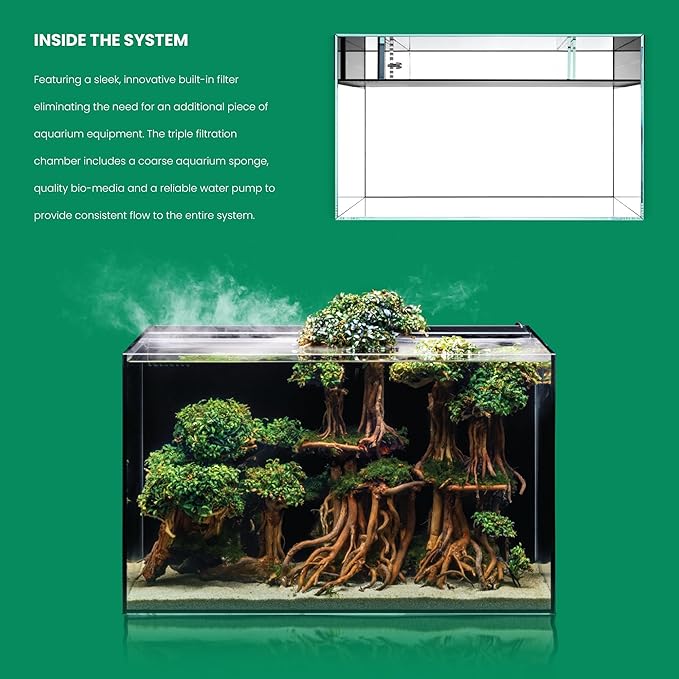 Ultum Nature Systems Dual AIO - Freshwater/Saltwater Compatible All in One Rimless Tank with Triple Chamber Filtration System, Integrated Filter Aquarium w/Leveling Mat - 20 Gallon, 60A, Black