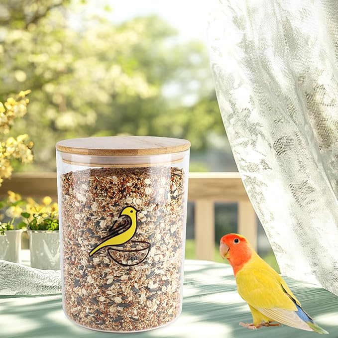 Bird Seed Storage Container,Circle Glass Bird Food Container with Airtight Wood Lid,Pet Food Storing with Birds Seed Scoop,for Wild Small Birds Food Storage,Birdfeed,Nuts(Clear)