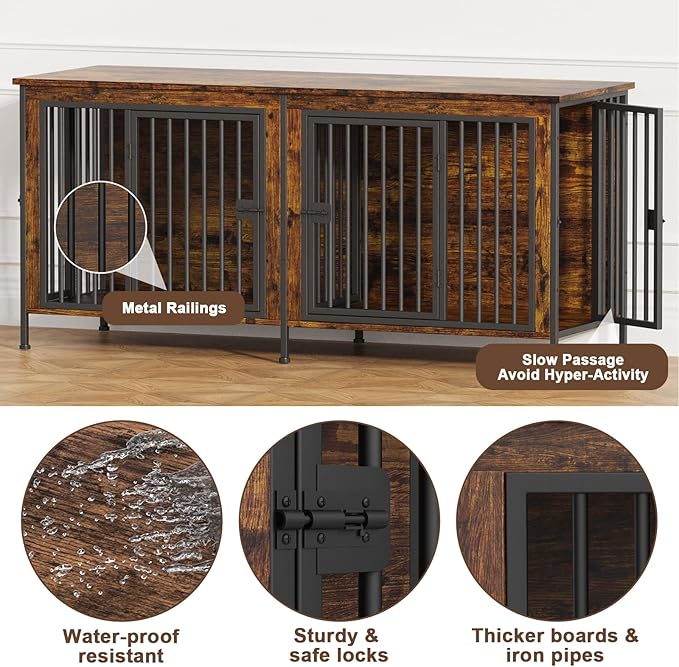 EasyCom 63" Dog Cage Furniture for 2 Pets with Divider, XL Wooden Double Dog Crate Furniture TV Stand for Mideum Breed, Durable and Sturdy