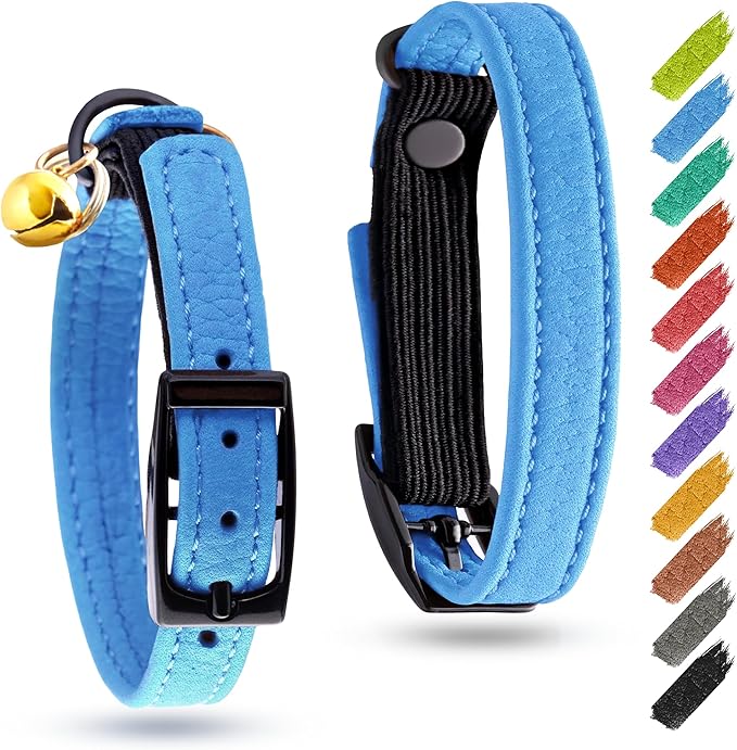 Leather Cat Collar with Bell and Safety Elastic Strap Breakaway Alternative for Small & Large Kittens, Stylish Pet Leather Collar for Boy, Girl Cats with Metal Buckle & QR ID Tag (Blue)