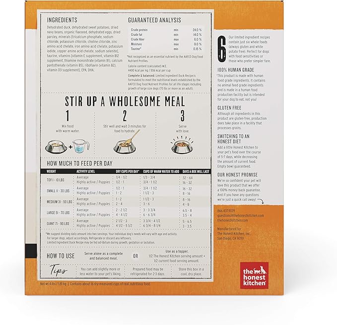 The Honest Kitchen Dehydrated Limited Ingredient Duck Dog Food, 4 lb Box