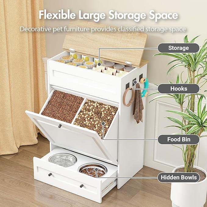 Dog Feeding Station with Storage Cabinet, Hidden Elevated Bowls for Medium & Large Dogs, Dog Food Cabinet Organizer with Hooks for Pet Supplies, Slow Feeder & Stainless Steel Bowls (White)