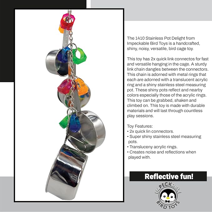 1410 Stainless Pot Delight from Parrots Cockatiels Conures Budgies Macaws Lovebirds African Greys Parrot Toys Stainless Foraging Chew Treat Noise-Making Fun Sensory Enrichment.