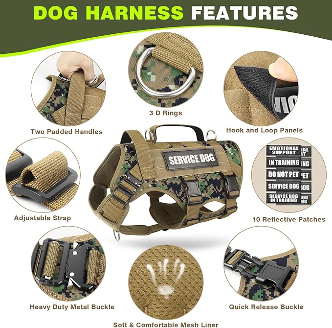 WINSEE Tactical Dog Harness with Dog Leash, Service Working MOLLE Vest with 10 Pet Patches for Dog, No Pull Military Harness and Backpack for Training Hunting Walking