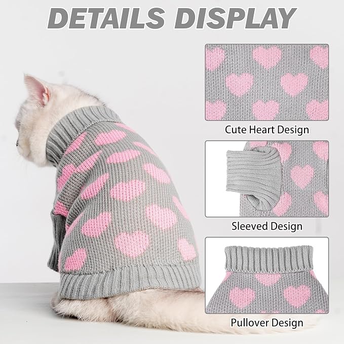 KOOLTAIL Cat Sweater Turtleneck- Soft Knit Cat Sweaters for Cats Only, Heart Love Pattern Thick Warm Cold Weather Clothes, Valentine's Day Pet Outfit for Small Medium Large Size Kitten Puppy Grey M