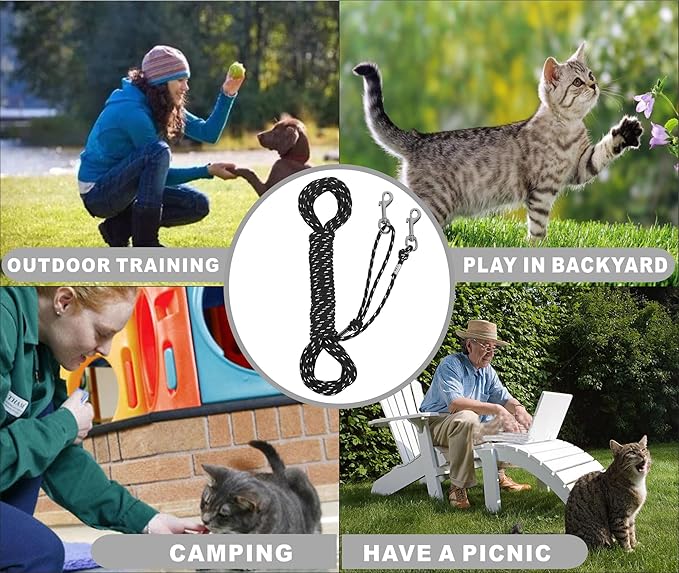 Reflective Cat Leash -50FT Cat Cable Out Escape Proof Walking Leads Yard Long Durable Safe Leash Traning Play Outdoor for Puppies/Kittens/Small Animals(Black)