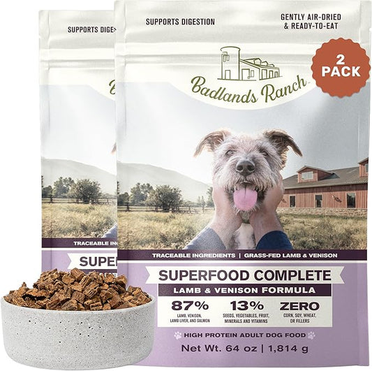 BADLANDS RANCH by Katherine Heigl- Superfood Complete, Air-Dried Adult Dog Food - High Protein, Zero Fillers, Superfood Nutrition (64 Ounce (Pack of 2), Lamb & Venison)