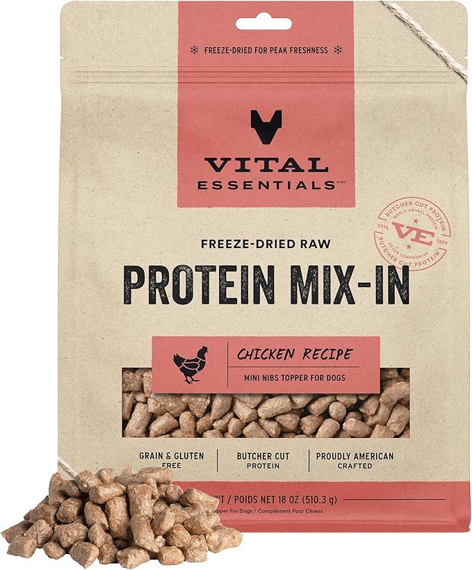 Vital Essentials Freeze Dried Raw Protein Mix-in Dog Food Topper, Chicken Mini Nibs Topper for Dogs, 18 oz
