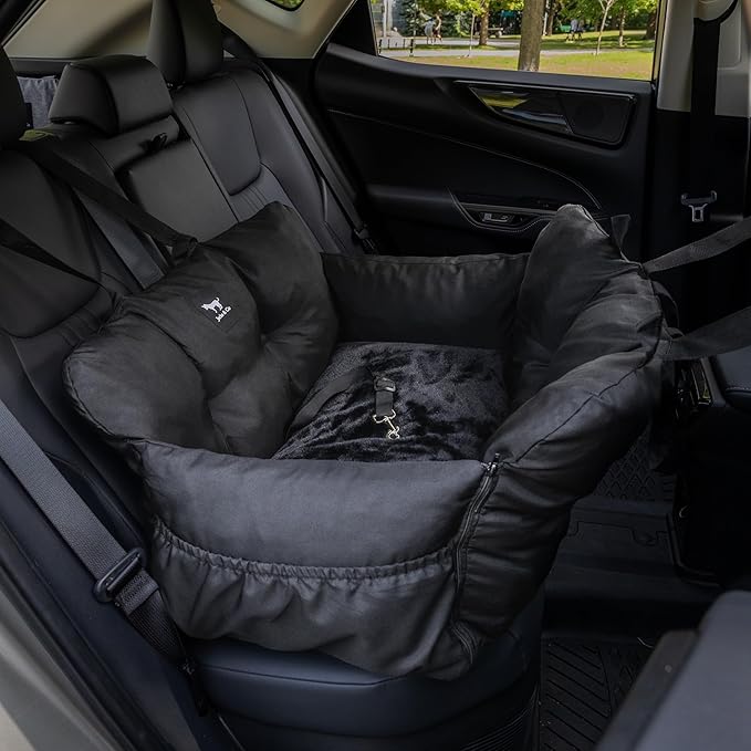 JACKO & CO - Premium Dog Car Seat v2 Booster Seat for Small & Medium Pets Under 40lbs - Machine Washable w Removable Covers, Water Resistant w Clip-On Leash for Back Seat Use (Black/Medium (20-40lbs)