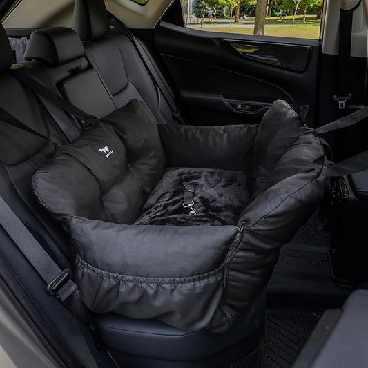 JACKO & CO - Premium Dog Car Seat v2 Booster Seat for Small & Medium Pets Under 40lbs - Machine Washable w Removable Covers, Water Resistant w Clip-On Leash for Back Seat Use (Black/Medium (20-40lbs)