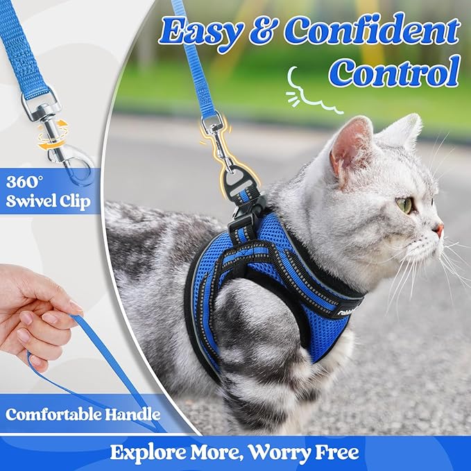 rabbitgoo Cat Harness and Leash Set for Walking Escape Proof, Adjustable Soft Kittens Vest with Reflective Strip for Cats, Comfortable Outdoor Vest, Blue, XL