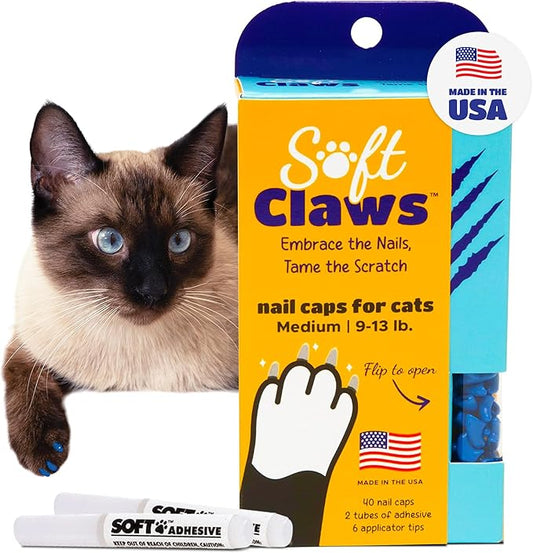 Soft Claws Cat Nail Caps for Medium Cats – (40 Caps, Blue) - Made in USA - Veterinarian-Developed | Protects Furniture & Skin - Easy to Apply, Long-Lasting Anti-Scratch Soft Cat Claw Covers