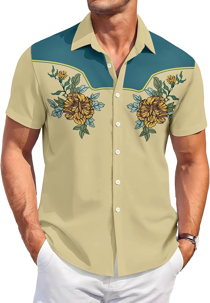 Men’s Hawaiian Shirt Western Cowboy Symmetrical Print Short Sleeve Button Down Casual Beach Holiday Summer Shirt