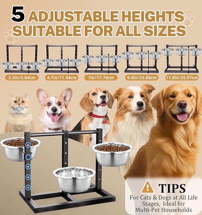 Elevated Dog Bowls Stand Large Breed Metal Raised Dog Bowls Small/Medium/Large Sized, Feeding Station with 5 Heights Adjustable,3 Food Water Bowl Feet with Non-Slip Feet