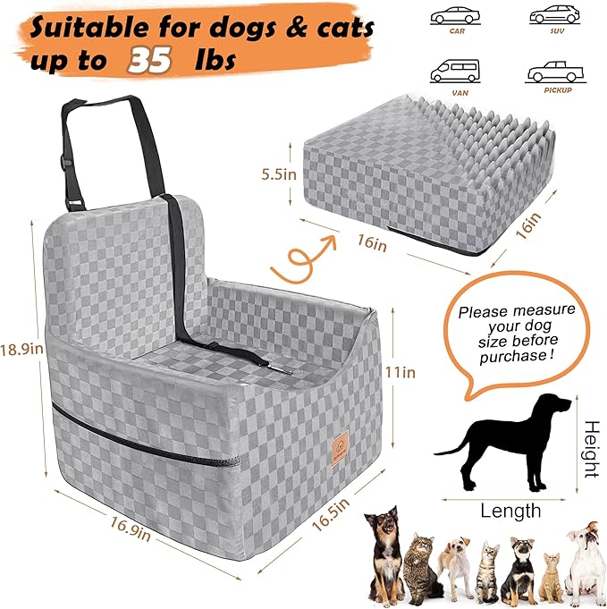 Dog Car Seat for Small and Medium Dogs Up to 35 lbs –Memory Foam Dog Booster Seat with Safety Leash & Storage Pockets, Fits Front & Back Car Seats, Removable Washable Cover – Gray