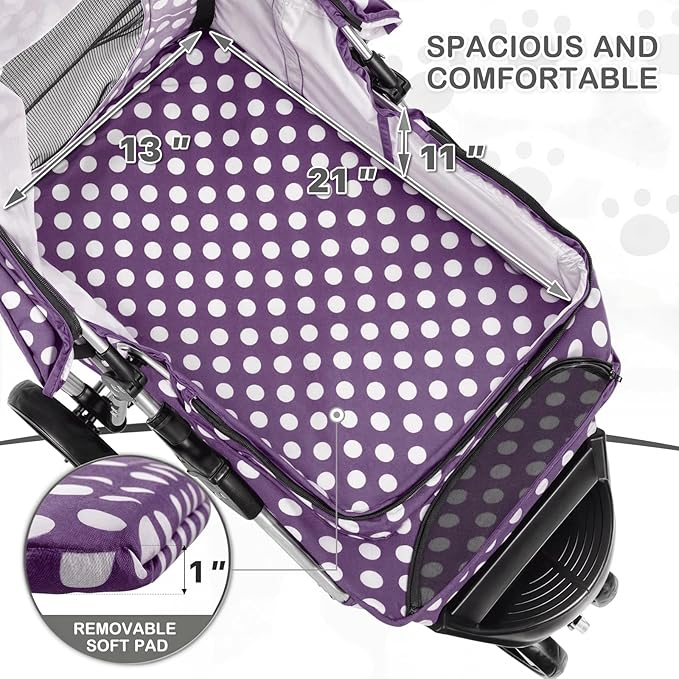 MoNiBloom 3 Wheels Pet Dog Cat Stroller for Small Medium Dogs Cats, Foldable Jogger Stroller w/Storage Basket and Cup Holder, Purple Polka Dots