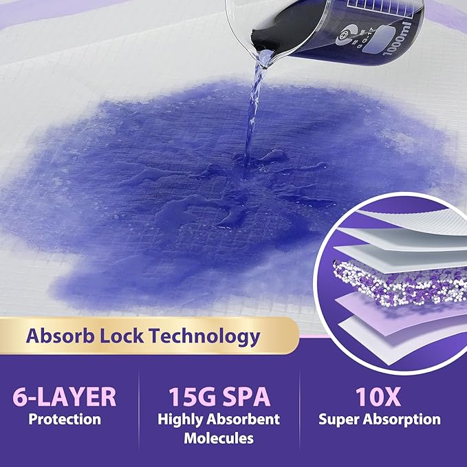 130 Grams Heavy Duty Bed Pads 36''X36'',50 Count Purple Disposable Underpads Extra Large Chucks Pads Incontinence Pads for Adult, Senior, Kids and Pet