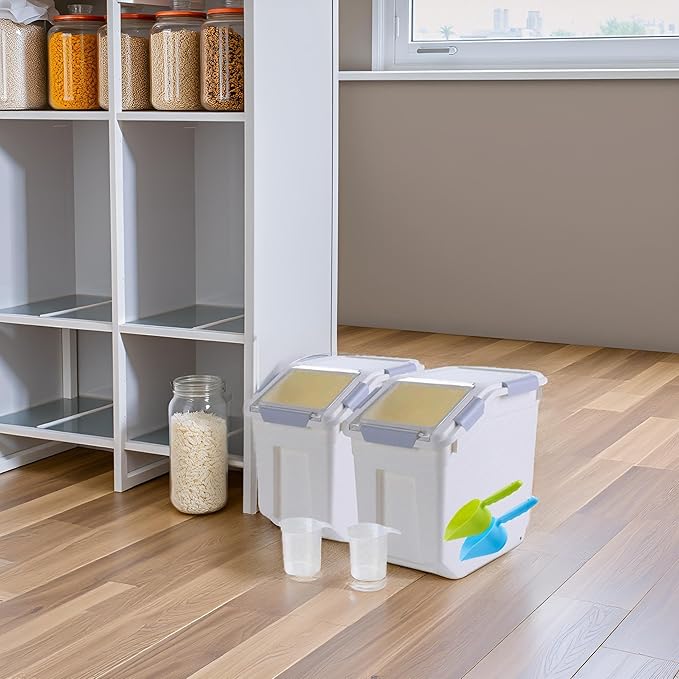 Saim Large Flour & Food Storage Container 25LB, Rice Dispenser & Dog Food Container with Lid, BPA Free Plastic for Rice, Flour, Dry Food Organization Cat Food Bin Bulk on wheels (Gray)