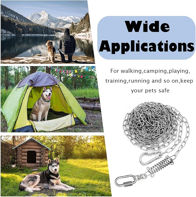 25ft Heavy Duty Chew Proof Dog Tie Out Chain Leash with Shock Absorbing Spring&Lockable Hooks-Up to 200Lbs,Use for Yard,Garden,Camping or Travel