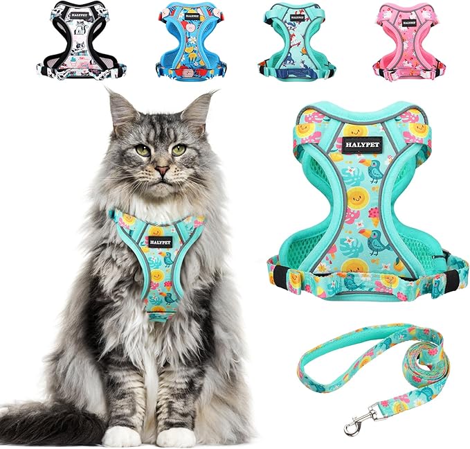 Halypet Cat Harness and Leash Set[MAX Safety 4th-Gen] Cute Escape Proof Vest Harness for Girl&Boy Cat Walking, Comfortable Adjustable Leash and Reflective Strips for Outdoor Kitten, M Green Tropics