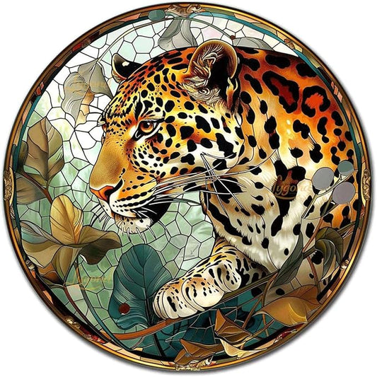 Lygond Metal Sign Tin Sign Circular Stained Glass Leopard Funny Sign for Restaurant 8×8 Inches