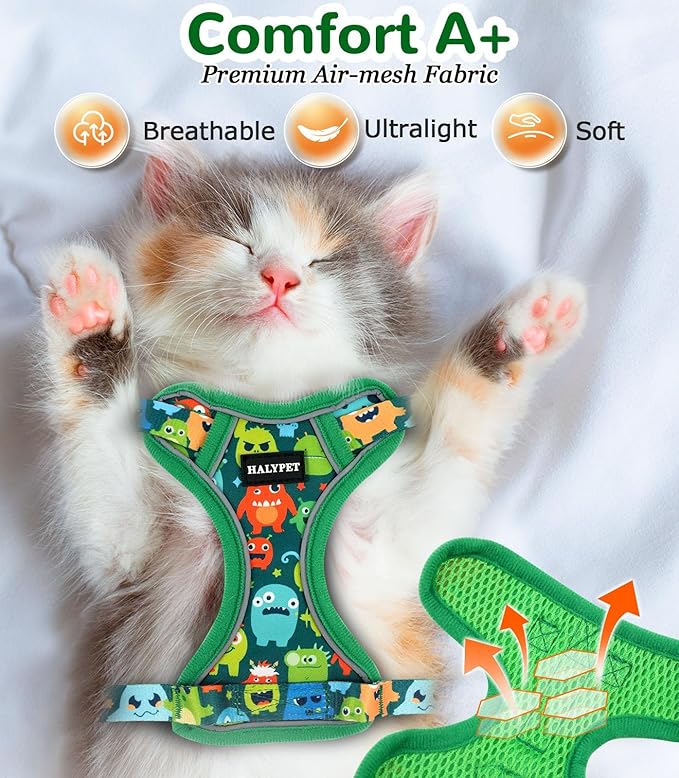 Halypet Cat Harness and Leash Set for Walking, Escape Proof Adjustable Vest Harness with 3-in-1 Integrated Buckles, Easy Control Soft Breathable Mesh with Reflective Strips for Cats, S Green Monster