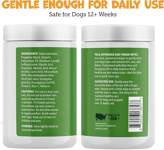 Finger Ear Wipes for Dogs with Aloe Vera and Eucalyptus - Convenient, Extra-Coverage, and Large Design Dog Ear Cleaning Wipes - Removes Wax and Freshens Ears - 50 Wipes