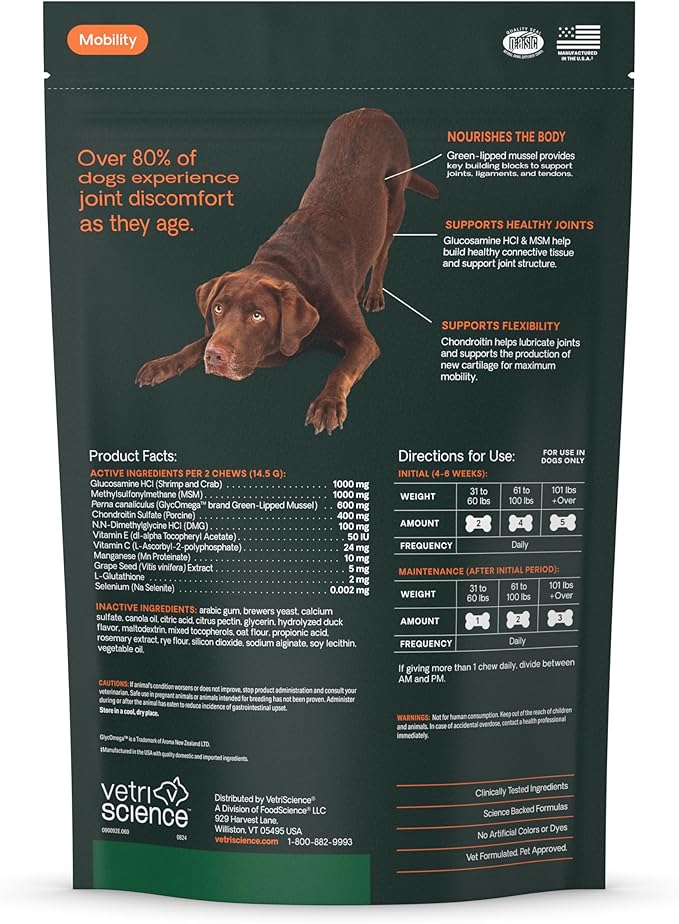 VetriScience Ultimate Strength Healthy Hip & Joint Chews, GlycoFlex Glucosamine, Chondroitin and Green-Lipped Mussel Joint Support Supplement for Dogs, Soothe Joint Discomfort, Duck, 60 Count