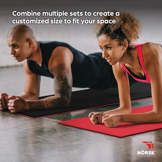 Norsk Reversible Gym Exercise Mats 3/4" Thick EVA Interlocking Foam Tiles, Perfect Home Gym Flooring, 28 Tiles & 56 Trim Pieces, 112 Sq. Ft. Reversible, Red/Black