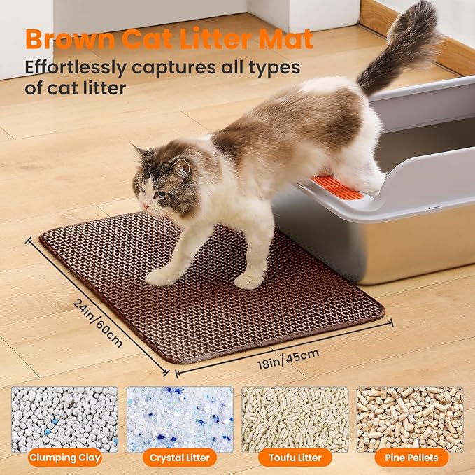 Cat Litter Mat, 24x18 Inches Large Double Layer Honeycomb Cat Litter Trapping Mat, Non Slip Waterproof Urine Proof Cat Litter Box Mat for Floor, Kitty Litter Rug, Cat Supplies, Brown