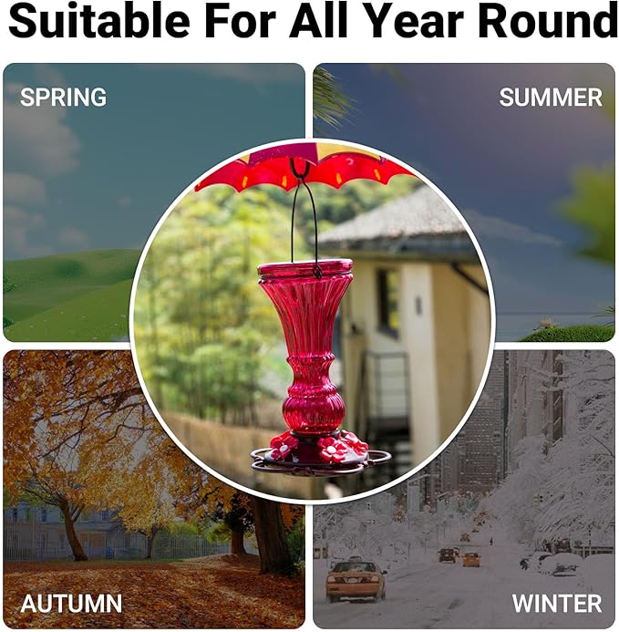 Glass Hummingbird Feeders for Outdoors Hanging Red Humming Bird Nectar Feeder with Perch, 20 Ounces Capactiy with 5 Plastic Flower Feeding Ports & Perches, Outsides Decor Garden