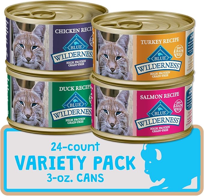 Blue Buffalo Wilderness High Protein Grain Free, Natural Adult Pate Wet Cat Food Variety Pack, Chicken, Salmon, Duck, and Turkey, 3-oz Can, 24 Count