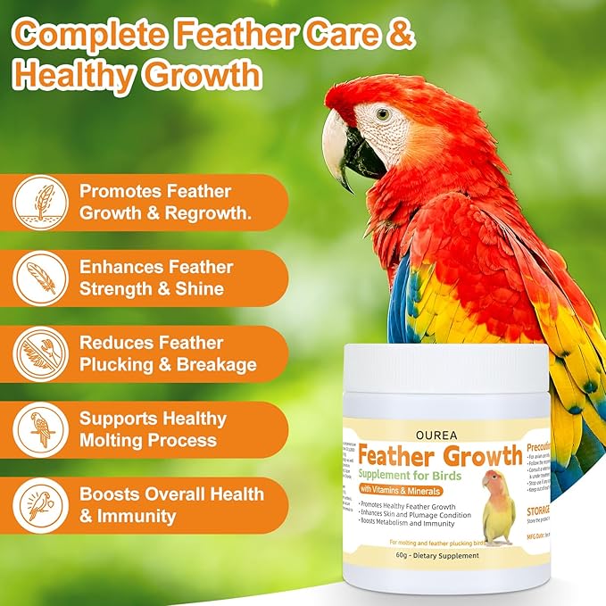 Feather Growth Supplement for Birds Parrots, Multi-Vitamins & Minerals Powder with Biotin Amino Acid for Molting Plucking, Support Healthy Feather Regrowth Plumage Shine Immunity for All-Natural Bird