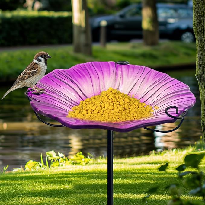 HONGLAND 29 Inch Height Bird Baths for Outdoors, Glass Birdbaths Outdoor Birdfeeder Flower Pattern with Metal Stake-Purple