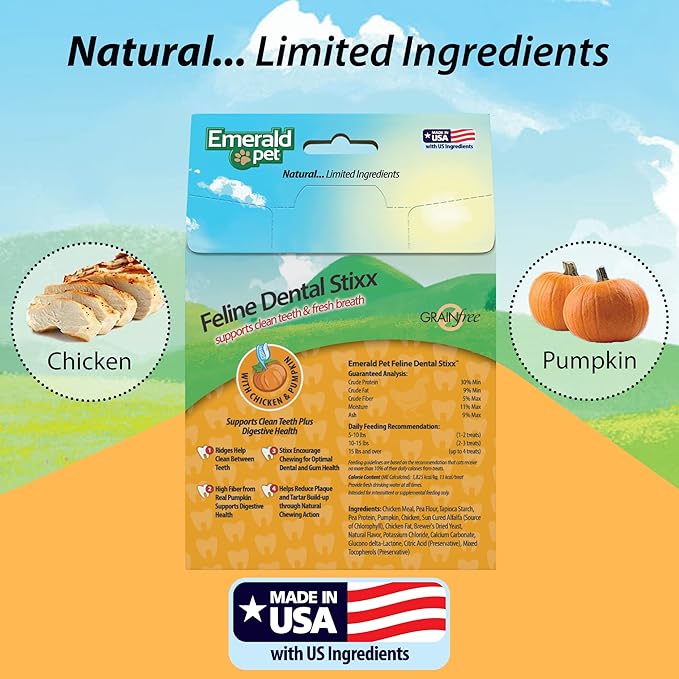Emerald Pet Feline Dental Stixx — Tasty and Crunchy Cat Dental Sticks with Pumpkin for Digestive Health — Natural Grain Free Dental Treats for Clean Cat Teeth and Fresh Breath — Chicken Stixx, 3.6 oz
