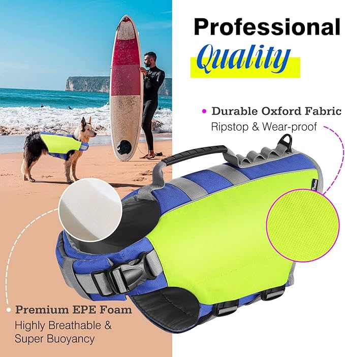 Pawaboo Dog Life Jacket - Reflective Safety Vest with Strong Buoyancy & Rescue Handle, Ripstop Dog Lifesaver for Swimming, Boating - Bright Yellow, S