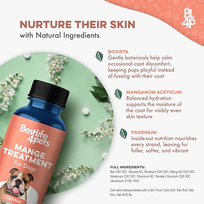 Mange Treatment for Dogs, Natural Dog Itching Skin Relief for Demodectic & Puppy Mange, Mites, Canine Scabies, Helps Dogs Skin Irritation, Hot Spots, Hair Loss, and Canine Dandruff, 800 Odorless Pills