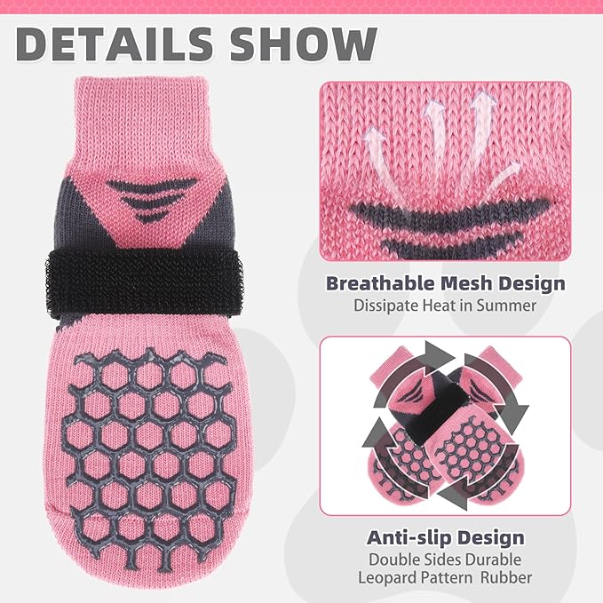 KOOLTAIL Dog Socks for Hot Pavement, Summer Breathable Dog Socks to Prevent Licking Paws, Non Slip Pet Boots & Paw Protectors for Hardwood Floor,Grippy Shoes for Small Medium Large Senior Dogs,Pink XS