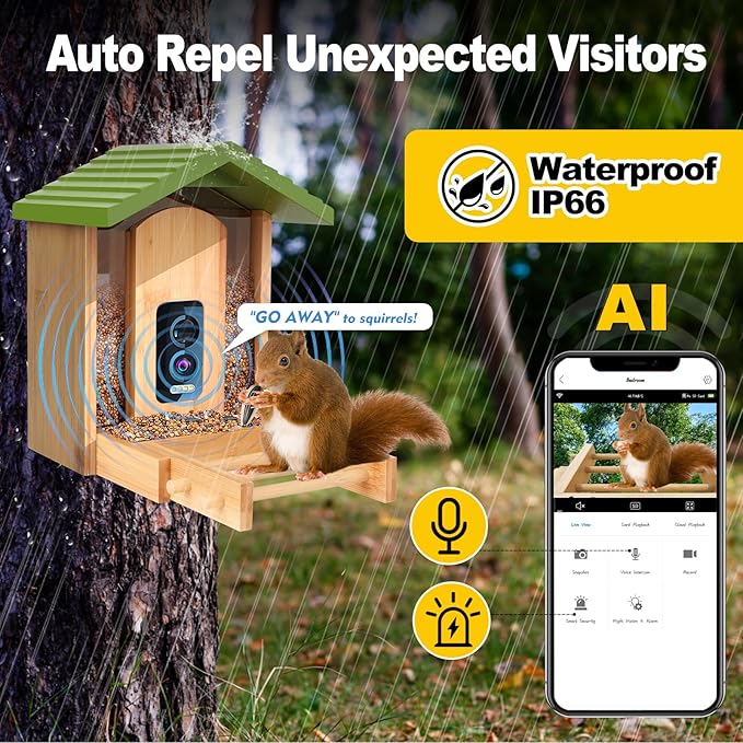 Smart Bird Feeder with Camera,Premium Bamboo Wood–2.5K UHD AI-Powered Recognition, Solar Powered & Waterproof Outdoor Wireless Design, Auto-Detects 12K Species–Ideal Gift for Bird Watching