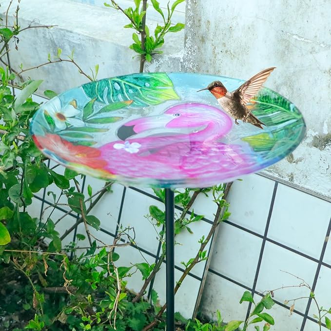 MUMTOP Bird Baths for Outdoors, Glass Bird Bath Stake, Flamingo Birdbaths & Support, Bee Baths for Garden, Outside, Lawn, Outdoor Decor