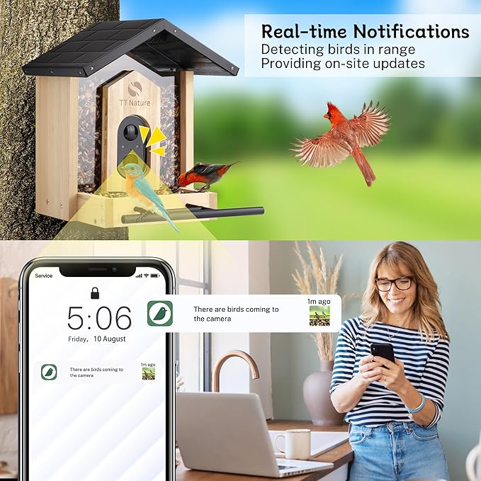 TT Nature Bird Feeder with Camera, Upgraded 1.5L Smart Birdhouse Al Identify for 10000 Plus Species, Auto Capture & Real-time Notifications, Ideal Gift for Bird Lovers (Iron Roof)
