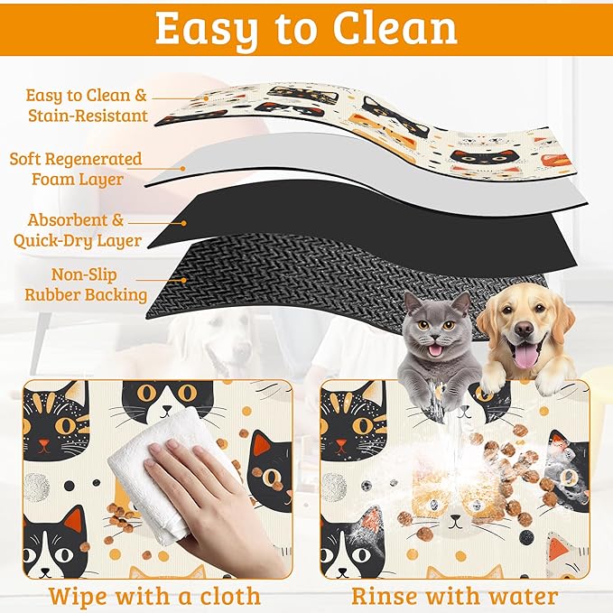 Cats Dog Cat Food Mat,Absorbent Waterproof Placemat for Food and Water Non Slip Rubber Backing Durable Feeding Pad for Clean Floors 12" x 20"