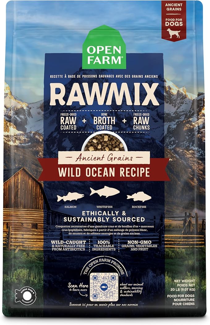 Open Farm, RawMix Dry Dog Food with Ancient Grains, Protein-Packed Kibble Coated in Bone Broth with Freeze Dried Raw Chunks, Salmon Whitefish & Rockfish, Wild Ocean Recipe, 20lb Bag