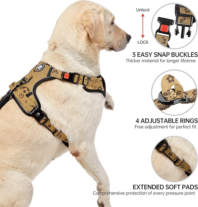 NESTROAD No Pull Dog Harness,Adjustable Oxford Dog Vest Harness with Leash,Reflective No-Choke Pet Harness with Easy Control Soft Handle for Large Dogs(X-Large,Light Brown)