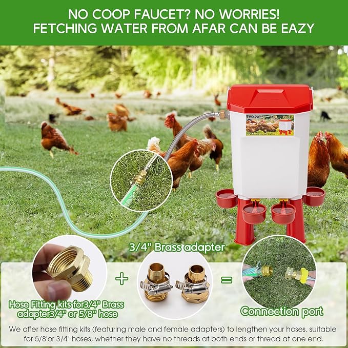 Automatic Chicken Waterer Filtered Float-Controlled Large Chicken Water Feeder Poultry Waterer Kit with Stainless Steel Metal Hose