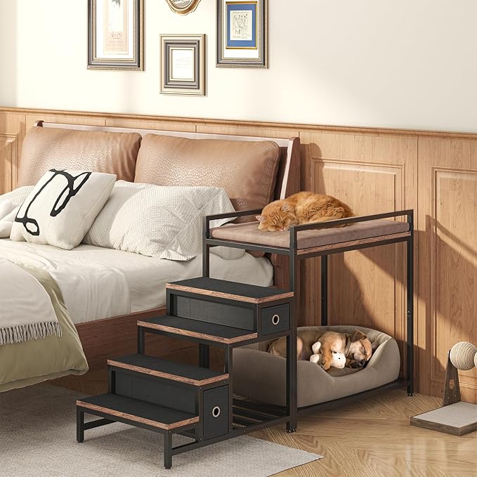 Pet Bunk Bed with Removable Stairs and 2 Drawers, Dogs/Cats Window Perch, Dog Window Seat with Soft Cushion, Ultra-Shallow Steps, Sturdy Metal Frame, Non-Slip