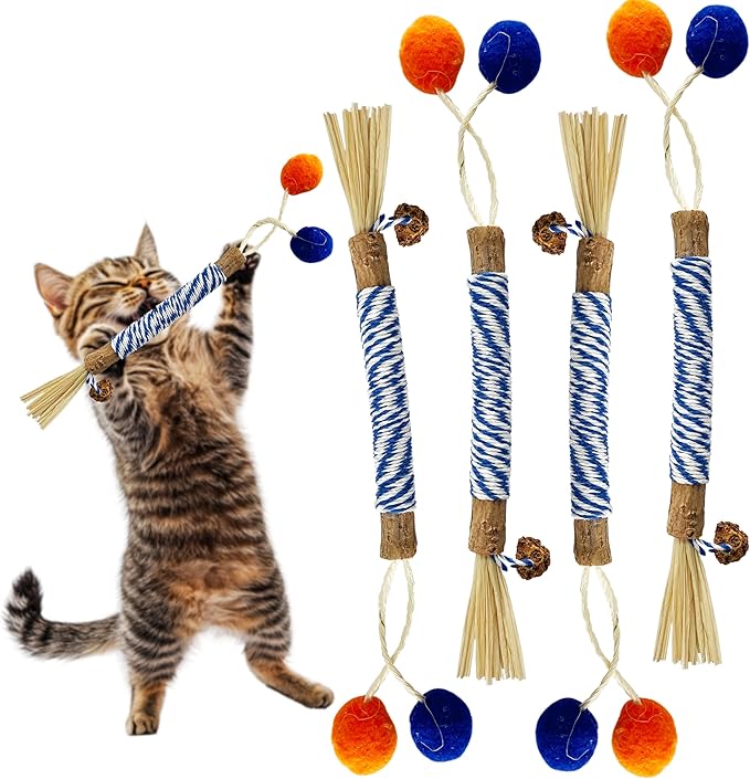 Catnip 4PCS Chew Stick with Wrapped Cotton Rope – Natural Dental Care Cat Toy for Teeth Cleaning & Gum Health, Satisfies Chewing Instincts, Safe & Long-Lasting Kitten Teething Toy