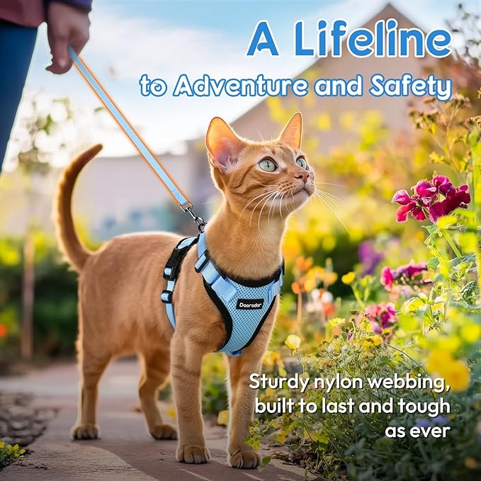 Dooradar Cat Harness and Leash Set, Escape Proof Safe Adjustable Kitten Vest Harnesses for Walking, Easy Control Soft Breathable Mesh Jacket with Reflective Strips for Cats,Light Blue, XS